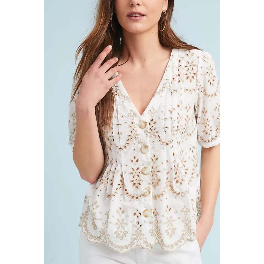 Feather Bone Anthropologie Medina White Eyelet Pintuck Blouse Short Sleeve‎  4